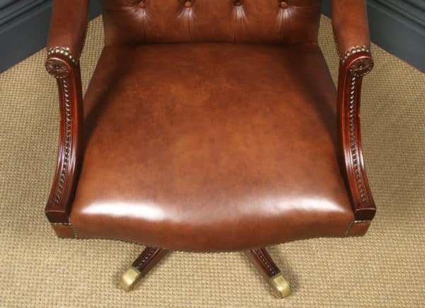 Vintage English Georgian Gainsborough Style Mahogany & Leather Revolving Office Desk Arm Chair (Circa 1980)