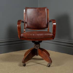 Antique English Art Deco Oak & Leather Revolving Office Desk Arm Chair / Armchair (Circa 1935) - Photo 9