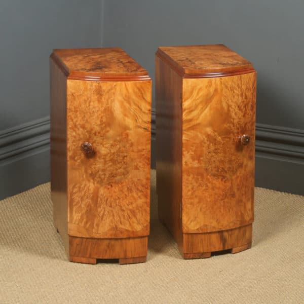 Antique English Pair of Art Deco Burr Walnut Bedside Cupboards Chests Tables Nightstands (Circa 1935)