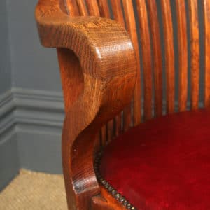 Antique English Edwardian Oak & Red Leather Revolving Office Desk Arm Chair (Circa 1910)