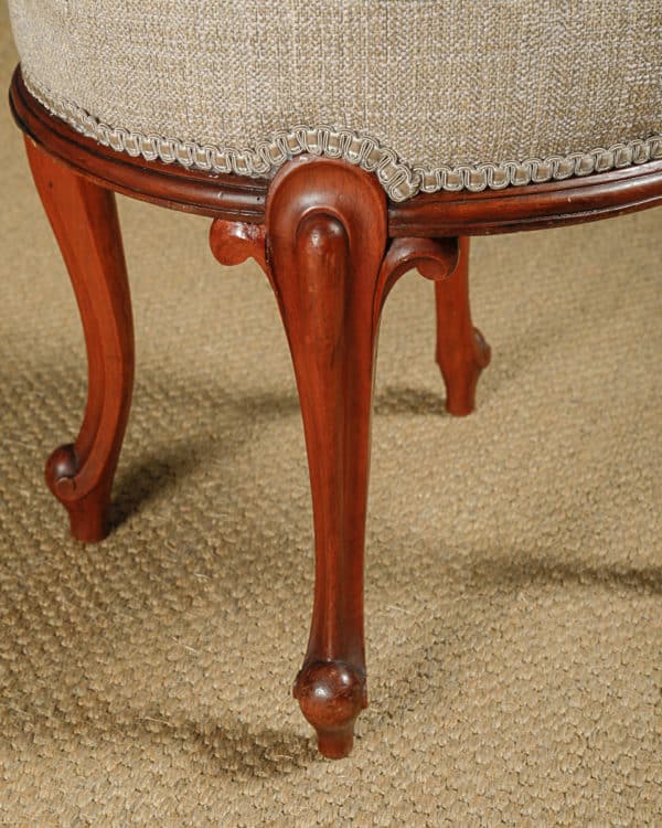 Antique English Pair of Victorian Walnut Upholstered Circular Round Dressing / Foot Stools (Circa 1860)