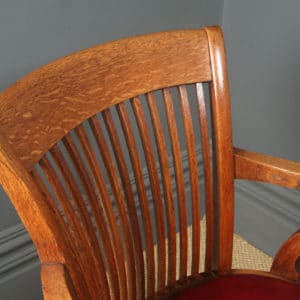 Antique English Edwardian Oak & Red Leather Revolving Office Desk Arm Chair (Circa 1910)