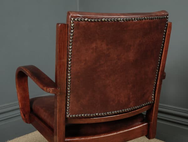 Antique English Art Deco Oak & Leather Revolving Office Desk Arm Chair / Armchair (Circa 1935) - Photo 12