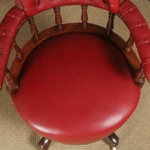 Antique English Victorian Mahogany & Crimson Red Leathercloth Revolving Office Desk Arm Chair (Circa 1890)