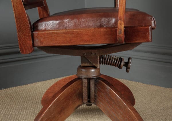 Antique English Art Deco Oak & Leather Revolving Office Desk Arm Chair / Armchair (Circa 1935) - Photo 17