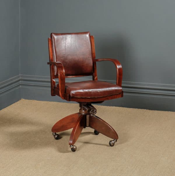 Antique English Art Deco Oak & Leather Revolving Office Desk Arm Chair / Armchair (Circa 1935) - Photo 1