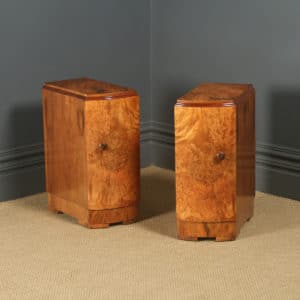 Antique English Pair of Art Deco Burr Walnut Bedside Cupboards Chests Tables Nightstands (Circa 1935)