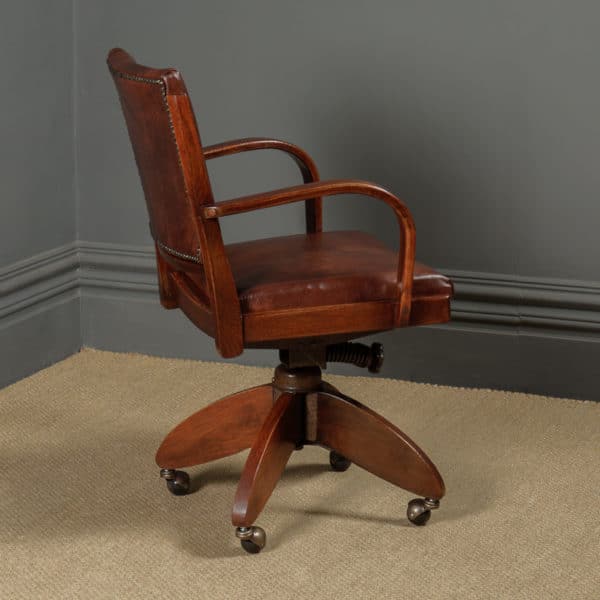 Antique English Art Deco Oak & Leather Revolving Office Desk Arm Chair / Armchair (Circa 1935) - Photo 3