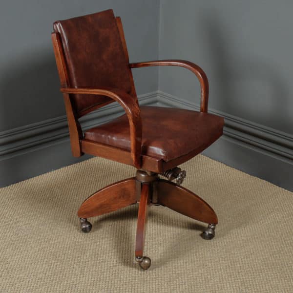 Antique English Art Deco Oak & Leather Revolving Office Desk Arm Chair / Armchair (Circa 1935) - Photo 4