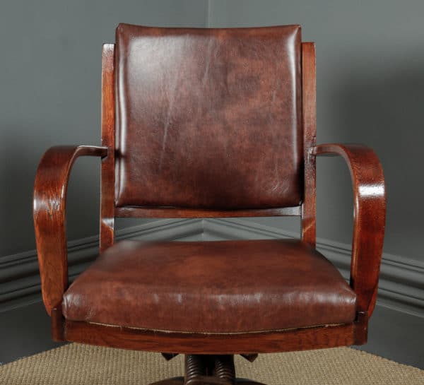 Antique English Art Deco Oak & Leather Revolving Office Desk Arm Chair / Armchair (Circa 1935) - Photo 5