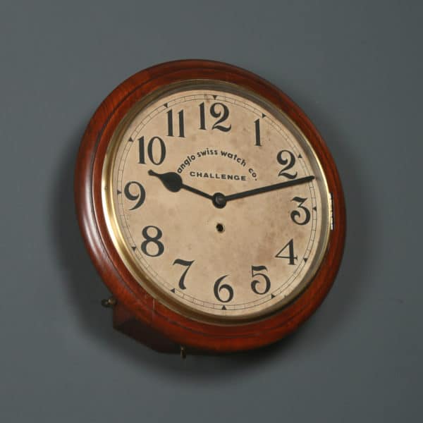 Antique 15" Mahogany Anglo Swiss Challenge Railway Station / School Round Dial Wall Clock (Timepiece)