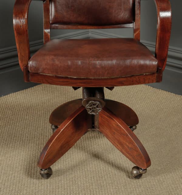 Antique English Art Deco Oak & Leather Revolving Office Desk Arm Chair / Armchair (Circa 1935) - Photo 6