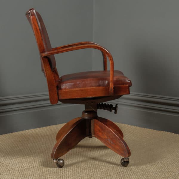 Antique English Art Deco Oak & Leather Revolving Office Desk Arm Chair / Armchair (Circa 1935) - Photo 8