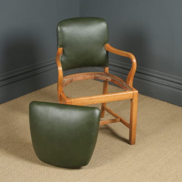 Antique English George V Beech & Green Leather Office Desk Elbow Tub Arm Chair (Circa 1920)