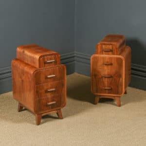 Antique English Pair of Art Deco Figured Walnut Skyscraper Bedside Chests Tables Nightstands (Circa 1930)