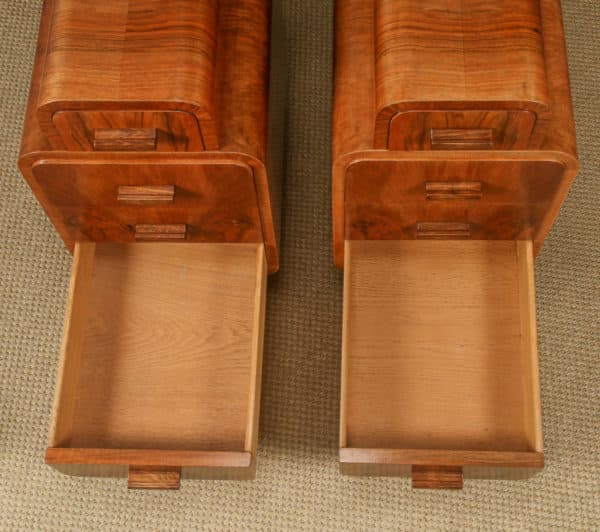 Antique English Pair of Art Deco Figured Walnut Skyscraper Bedside Chests Tables Nightstands (Circa 1930)