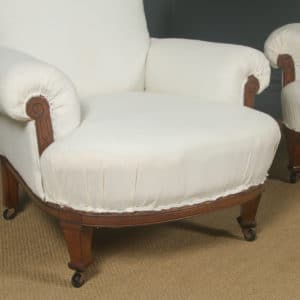 Antique English Victorian Pair of Upholstered Oak Howard & Sons Style Chairs / Armchairs (Circa 1880)