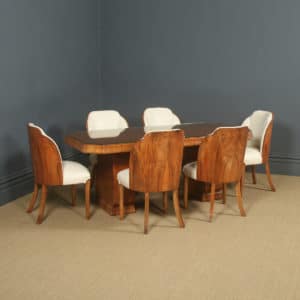 Antique English Art Deco Epstein Burr Walnut Dining Table & Six Leather Dining Chairs (Circa 1930)