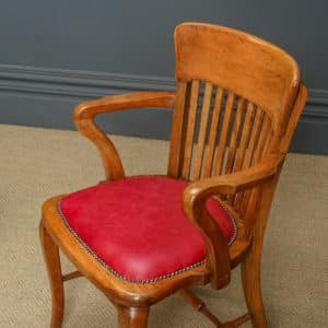Antique English Edwardian Beech & Red Leather Office Desk Elbow Tub Arm Chair (Circa 1910)