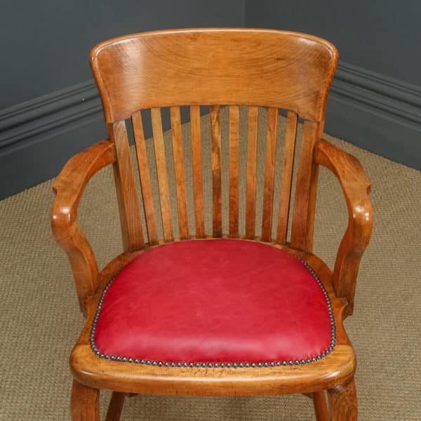 Antique English Edwardian Beech & Red Leather Office Desk Elbow Tub Arm Chair (Circa 1910)