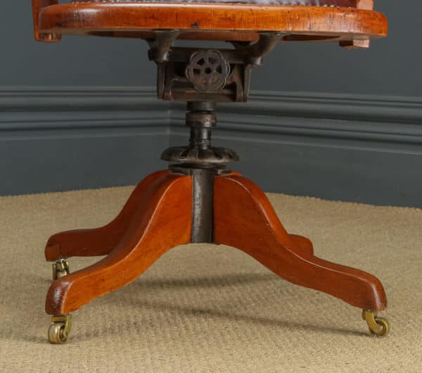 Antique English Edwardian Beech & Red Leather Revolving Office Desk Arm Chair (Circa 1910)