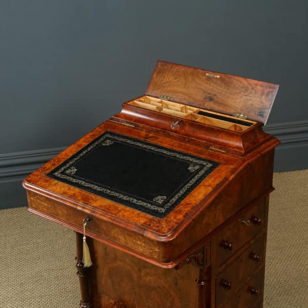 Antique English Victorian Burr Walnut Freestanding Davenport Writing Desk (Circa 1860)