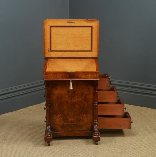 Antique English Victorian Burr Walnut Freestanding Davenport Writing Desk (Circa 1860)