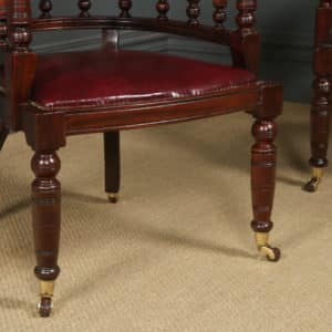 Antique English Pair of Victorian Mahogany & Red Leather Office Desk Library Club Arm Chairs (Circa 1880)