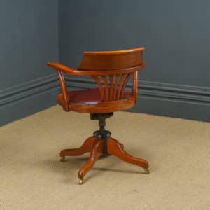Antique English Edwardian Beech & Red Leather Revolving Office Desk Arm Chair (Circa 1910)