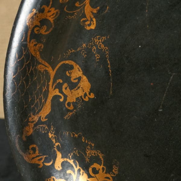 Antique English Victorian Ebonised Chinoiserie Floral Papier Mâché Drinks Butlers Serving Tray (Circa 1870)