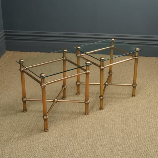 Vintage Italian Pair of Art Deco Style Brass & Glass Occasional Lamp Coffee Side Tables (Circa 1970)