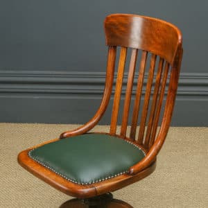 Antique English Edwardian Beech & Green Leather Revolving Office Desk Side Chair (Circa 1910)