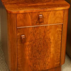 Antique English Pair of Art Deco Walnut Bedside Cupboards Cabinets Tables Nightstands (Circa 1930)