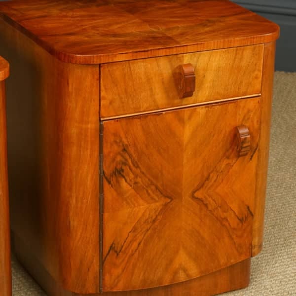 Antique English Pair of Art Deco Walnut Bedside Cupboards Cabinets Tables Nightstands (Circa 1930)