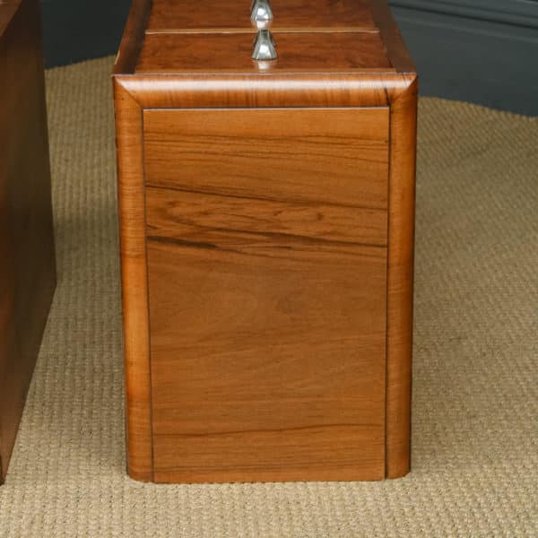 Antique English Pair of Art Deco Figured Walnut Bedsides Chests Cabinets Tables Nightstands (Circa 1930)