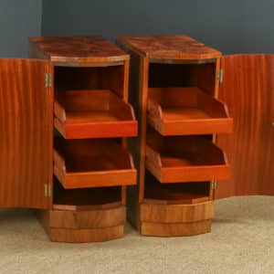 Antique English Pair of Art Deco Walnut Bedsides Cabinets Cupboards Chests Tables Nightstands (Circa 1935)