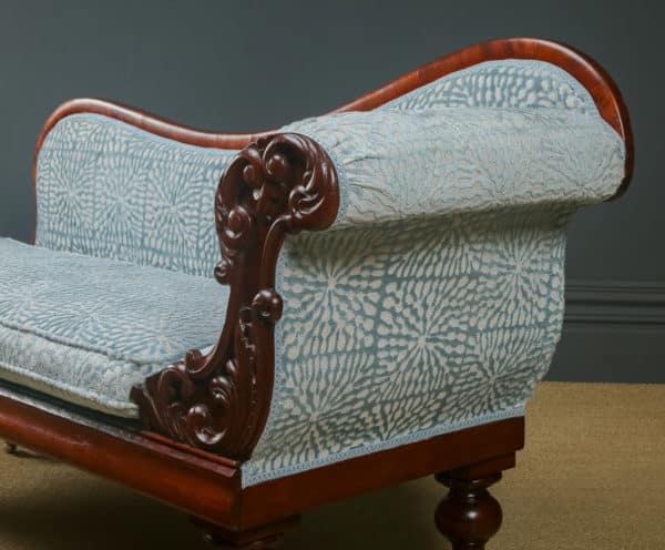 Antique English Victorian Mahogany Upholstered Chaise Longue Settee Sofa Couch (Circa 1850)