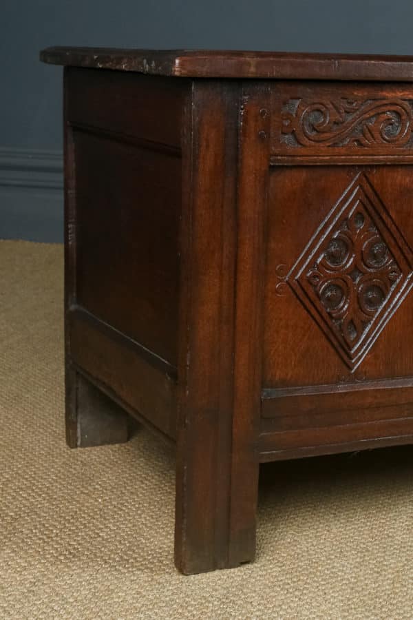 Antique English Charles II Oak Carved Triple Panel Coffer Chest Blanket Box Trunk (Circa 1680)