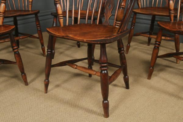 Antique English Set of Six 6 Victorian Ash & Elm Windsor Stick & Hoop Back Kitchen Dining Arm Chairs (Circa 1850)