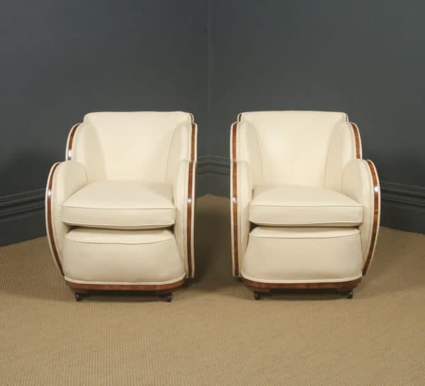 Antique English Art Deco Pair of Epstein Walnut & Leather Cloud Shape Armchairs / Chairs (Circa 1935)