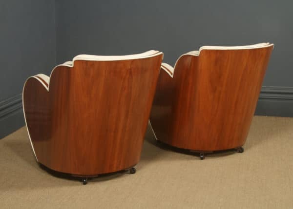 Antique English Art Deco Pair of Epstein Walnut & Leather Cloud Shape Armchairs / Chairs (Circa 1935)