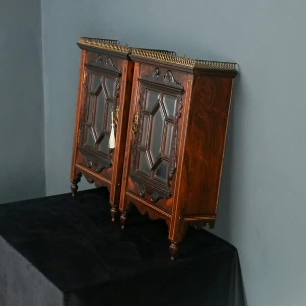 Antique English Pair of Victorian Rosewood & Brass Wall Hanging Glazed Display Cabinets / Cupboards (Circa 1860)