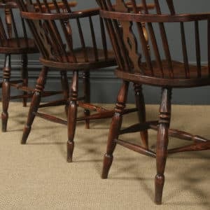 Antique English Set of Six 6 Victorian Ash & Elm Windsor Stick & Hoop Back Kitchen Dining Arm Chairs (Circa 1850)