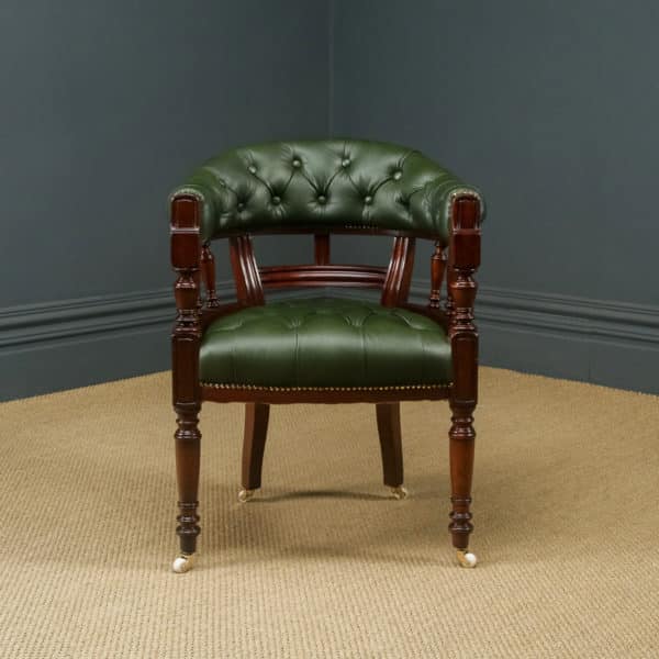 Antique English Victorian Mahogany & Green Leather Office Desk Arm Chair (Circa 1890)