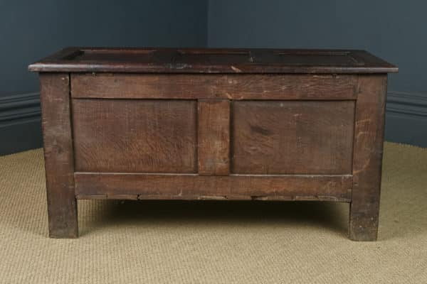Antique English Charles II Oak Carved Triple Panel Coffer Chest Blanket Box Trunk (Circa 1680)