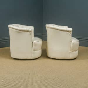 Antique English Art Deco Pair of Cream Leather Upholstered Scalloped Tub Chairs / Armchairs (Circa 1935)