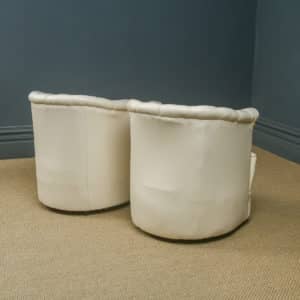 Antique English Art Deco Pair of Cream Leather Upholstered Scalloped Tub Chairs / Armchairs (Circa 1935)