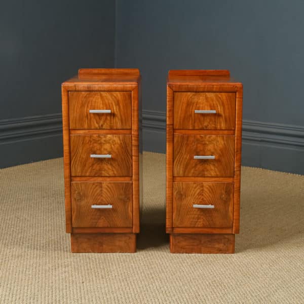 Antique English Pair of Art Deco Walnut Bedsides Chests Cabinets Tables Nightstands (Circa 1930)