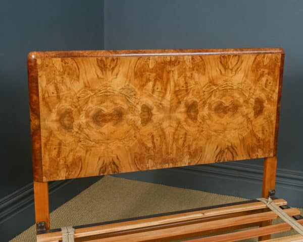 Antique English Art Deco Burr Walnut 4ft 6” Double Size Bed by Roberts & Co. of Willenhall (Circa 1930)