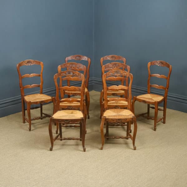 Antique French Set of 8 Eight Louis XV Style Oak Ladder Back Rush Seat Kitchen Dining Chairs (Circa 1920)